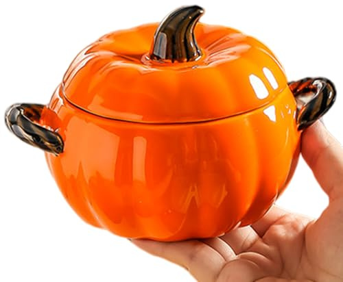 Ceramic Bowl with Lid Cute Pumpkin Bowl Set 400ml Cute Pumpkin with Dual Handdle, Easy Clean Mini Individual Pots for Cooking, Oven Safe