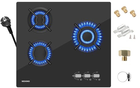 WEHIMO Gaskochfeld 3 Flammig 59cm, Glas Einbau-Gaskochfeld, 7750W, 3 Zonen Gaskochfeld für Propangas und Erdgas, 3 Kochzonen (3300W+2700W+1750W), Schwarzes Glas, Geeignet für Alle Töpfe