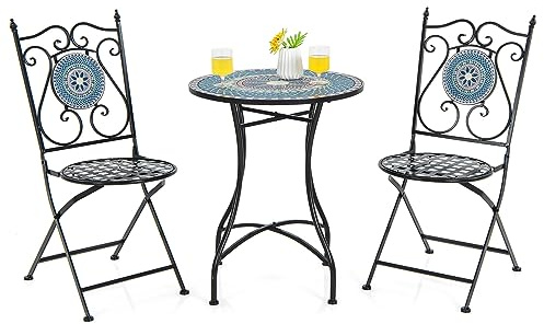 FANTASK 3-teilig Sitzgarnitur, Balkonset inkl. Mosaiktisch + 2 klappbar Mosaikstühle, Gartengarnitur, Sitzgruppe für Garten, Terrasse, Balkon (Blau)