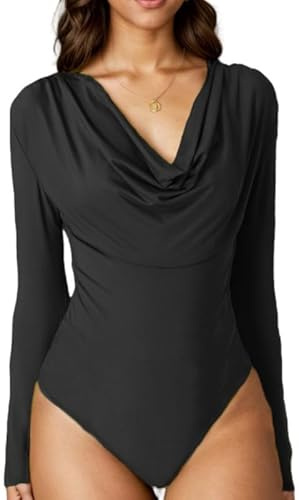 Sukiglam Body Mujer Manga Larga Elegante Cowl Neck Bodysuit Tops Sexy Leotardo Top Ajustada Bodys Tanga Vestir Fiesta Slim Fit Camisas Top Elástico Shapewear Jumpsuit Blusa Suave Color Sólido