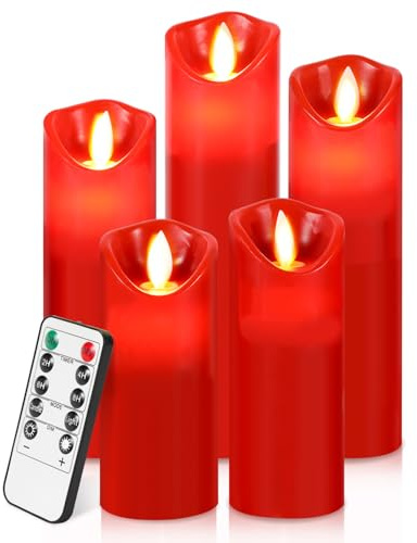 Randaco Röda LED-lampor med fjärrkontroll, 5 stycken, batteridrivna flimrande ljusset, realistiska flamlösa ljus för jul, fest, festlig dekoration, bordsdekoration