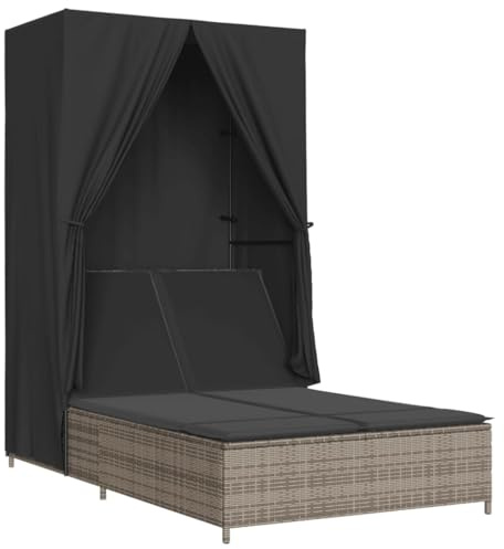 Tomostar Bain de Soleil, Chaise Longue Double Jardin Extérieur Transat pour Piscine avec Toit et Rideaux Gris résine tressée