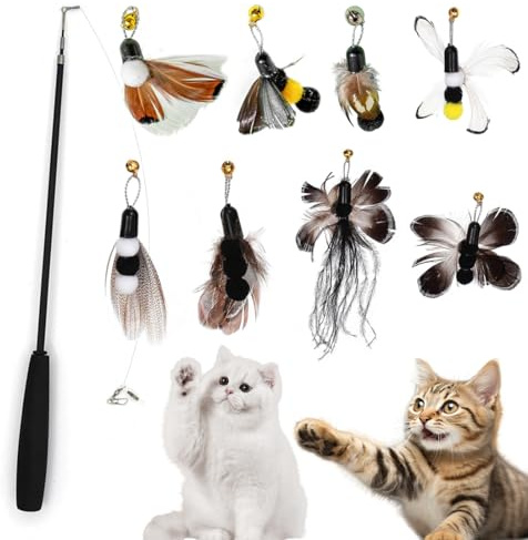 NOPVUFA 9 PCS Jouet Chat Plume, Jouets pour Chats à Plumes, 1 Rétractable Canne à Pêche Chat Jouet avec 8 Insecte Plumes de Recharges avec Clochettes, Interacti pour l'intérieur Chats et Chatons