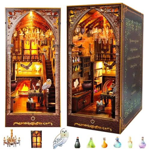 NKFBEV DIY Book Nook Kit, miniatyrdockhus med möbler och LED-ljus, 3D-träpussel, byggsatser för vuxna, 14 +, bokhylla, bokhylla, bokhylla, bokhylla, bokhylla (Harrys hus)