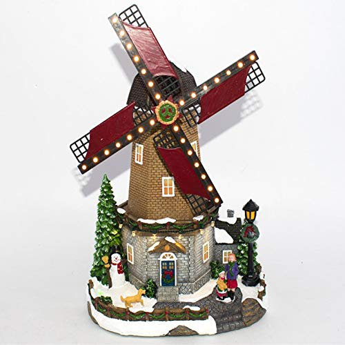 Natale Mulino a vento Villaggio di Natale innevato con Pale in Movimento, Giostrina con Luci LED e Musica Negozio Babbo Natale Scenario Paesaggio Natalizio Carillon Giostrina Dimensioni 31x22x22cm