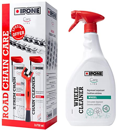 Ipone IP800736 Pack Entretien Moto Route Care Cleaner X-TREM Road 750 ML + Une Brosse de chaîne & Nettoyant Jantes Surpuissant Wheel Cleaner – Dégraisse et Nettoie sans Effort – Jet Large – 1L