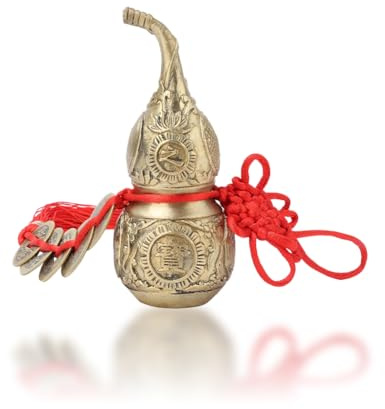 Feng Shui Brass Gourd, Feng Shui Hu Lu Gourd Chinese Good Luck Cucurbit Small Gourd Ornaments with Chinese Lucky Coins Treasure Statue Collectible Safety Health Wealth Success Calabash 10cm/3.94in