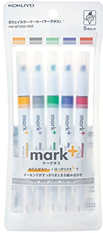 KOKUYO 2-Way Vivid Highlighter 5 Colors Set. Mark+ Dual Tips Markers, Quick Dry Chisel Fine Tip 5 Pack of Gold, Gray, Light Green, Navy, Red. Japan Import (PM-MT200-5S2)