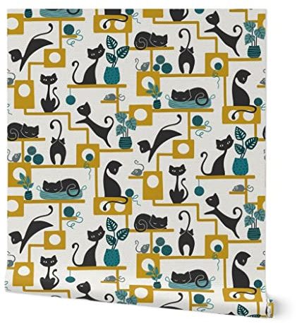 Spoonflower Peel & Stick Wallpaper Swatch - Retro Black Cats Teal Animals Plants Mustard Gold Midcentury Custom Removable Wallpaper