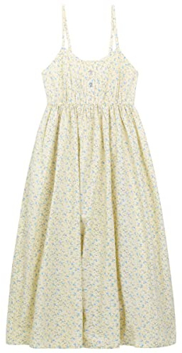 Mujer Vestido de Tirantes 100% Algodón Popelín Vestido Playa Vestido Largo Floral Cintura Alta con Tirantes Ajustables Longitud del Vestido 118 cm - Amarillo con Flores Amarillas & Azules A22