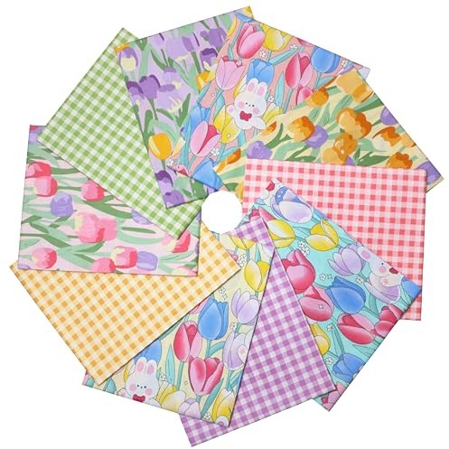Hanjunzhao 10pcs 18 x 22 inches 100% Cotton Quilting Fabric Fat Quarters Bundles- Tulip Rabbit and Bear Print Precuts Fabric- for Quilting, Sewing Project, Patchwork, DIY Crafts