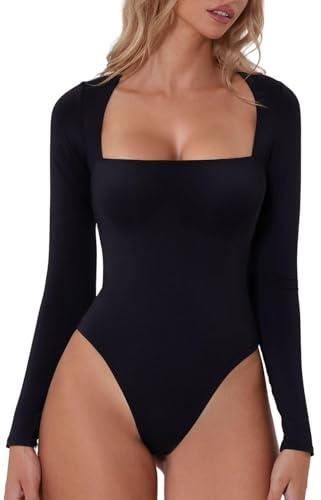 QINSEN Black Bodysuit for Women Square Neck Long Sleeve Double Lined Shirt Tops M