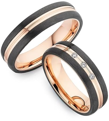 123traumringe Anillos de boda de carbono, titanio y con baño de oro rosado, precio por par con circonitas, incluye grabado, alianzas de titanio para él y ella, anillos de boda, P36