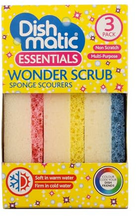 Dishmatic Wonder Scrub Sponge Scourers, Non-Scratch, Dual Action, Heat Sensitive, Pack of 3
