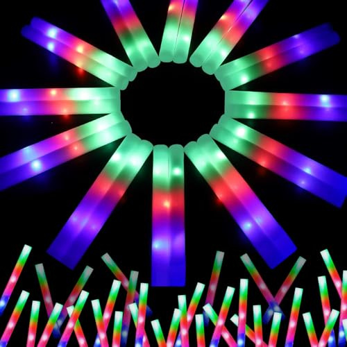 wellent 200 PCS LED Foam Glow Sticks Bulk, Glow in the Dark Party Supplies with 3 Modes Colorful Flashing, Neon Party Favors for Birthday, Wedding, Carnival, Concert, New Year