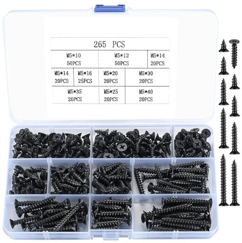 265 Pcs M5 Wood Screws Assortment Kit, Flat Head Phillips Self Tapping Screws, Assorted Countersunk Screws Drywall Screws for Wood, Furniture, Sheetrock, Repairs, DIY Project - Black (265)