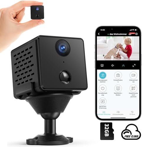 Camera Espion, WiFi 4K HD Mini Caméra de Surveillance Interieur| Stockage Gratuit dans Le Cloud & Carte SD | Vision Nocturne, détecteur de Mouvement | Batterie 3000mAH | avec Carte mémoire 32GB