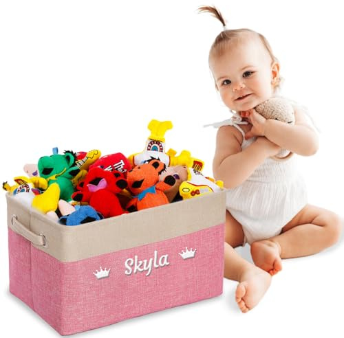 Personalized Kids Toy Box for Boys Girls, Custom Embroidered Name Toy Bin with Handles，Kids Toy Storage Organizer , Collapsible Storage Basket , Rectangular Bin for Kids Toys, Clothes, Books（Pink）
