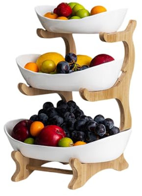 OUGPIU Fruteros de Cocina Modernos,3 Pisos Cesta Frutas y Verduras Estable y sin Sacudidas,Cocina Frutero con Pararse Bambú para Sala de Estar,Cocina,Fiestas,Hoteles