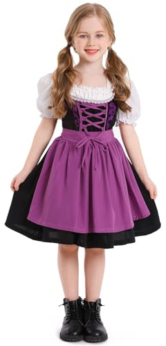 Odizli Dirndl pour fille à manches courtes blanc + tablier + jupe 3 pièces longueur genou tenue Oktoberfest, lilas, 10-12 ans