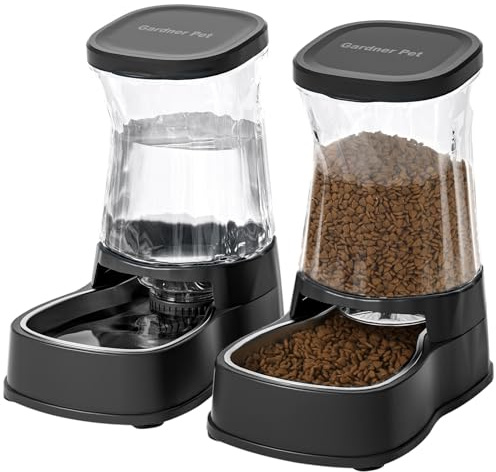 Gardner Pet 3.85L Dispenser Acqua e Cibo (Set da 2), per Gatti e Cani, Ciotola in Acciaio Inox, Distributore Acqua a Gravità Senza Corrente, Abbeveratoio Senza BPA, Con Filtro, Nero