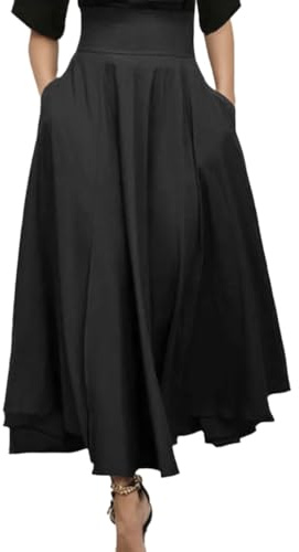 EMOTTOS Women Long Skirts, Back Tie Waist Knots Frilly Skirt High Waist Skirts, Casual Two Side Pockets A Line Flowy Maxi Ladies Skirt, L, Black