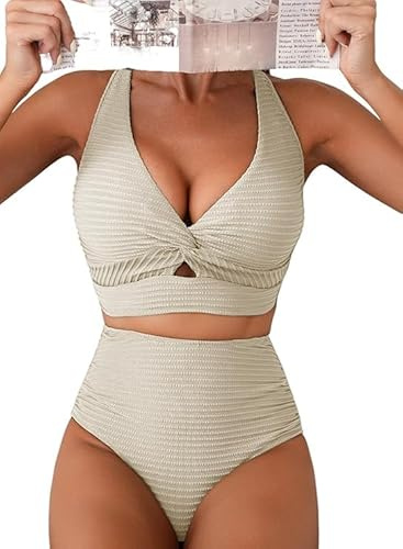 Hanaoops Dam Push Up Vadderad BH Bikini V-hals Baddräkt Hög Midja Tummy Kontroll Ruched Badkläder Sexig Tvådelad Justerbar Bikini Set