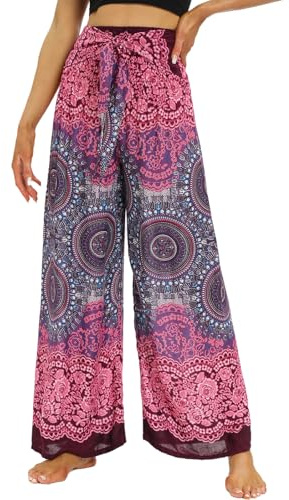 Nuofengkudu Pantalones Palazzo Boho Mujer Tiro Alto Fruncido Cinturón Verano Rayón Ligero Estampado Hippie Fluido Playa Vacaciones Fiesta Pantalon Holgados Viaje Casa Yoga Talla Pequeña C Rosa Morado
