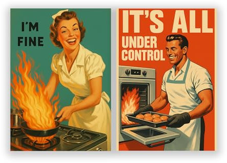 WBdesignz Lot de 2 posters - Poster de cuisine rétro avec humour - « I'm Fine » et « It's All Under Control » - Décoration murale amusante au style vintage pour cuisine, salle à manger ou café
