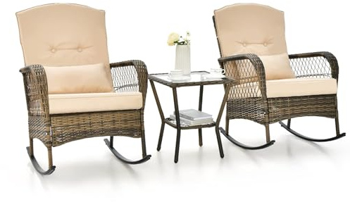 FANTASK Set di 3 mobili da giardino in rattan con sedie a dondolo e tavolo, per giardino, balcone, beige
