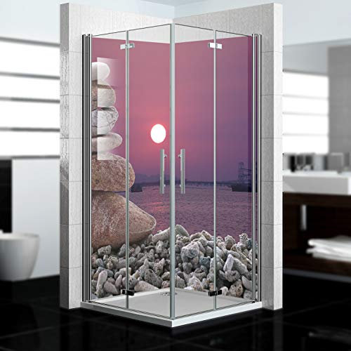 dedeco Pannello posteriore doccia angolare impermeabile, motivo: Zen V8, 2 x 90 x 200 cm, pannello posteriore del bagno, ricambio per piastrelle senza giunture, pannello doccia in alluminio, prodotto