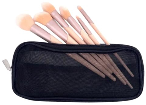 Neceser de Maquillaje de Malla con Brochas de Regalo Organizador de Cosméticos Transparente para Mujer Estuche de Viaje Portátil para Brochas y Artículos Esenciales Estuche Negro para tu Bolso