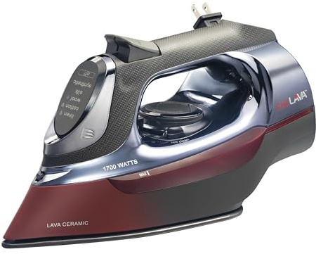 CHI Steam Iron for Clothes with 8' Retractable Cord, 1700 Watts, 3-Way Auto Shutoff, 400+ Holes, Professional Grade, Temperature Control Dial, Lava Infused Ceramic Soleplate, Black and Red (13113N)
