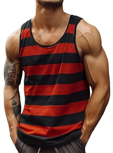 Camiseta de Tirantes Hombre Verano Playa Moda Rayas Estampado Camiseta Sin Mangas Hawaiano Chalecos Deportivos Regular con Cuello Redondo Cómodo Transpirable Casual Chandal Tank Top