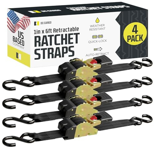 DC Cargo Mall Auto Retractable Ratchet Straps (4-Pack) 1” x 6ft, Heavy Duty, 1,522lb Break Strength – Tie Down Straps for Cargo, Truck, Trailer, Motorcycle, Boat