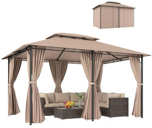 Outsunny 4m x 3(m) Garden Gazebo, Double Roof Outdoor Gazebo Canopy Shelter with Curtains, Solid Steel Frame for Patio, Garden, Brown