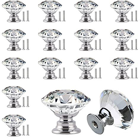 YEYIT 16 Pack Crystal Cabinet Knobs 25mm Glass Diamond Door Handles,Clear Diamond Cupboard Drawer Pull Handle with 2 Sizes of Screws,for Furniture Cabinet Drawer Dressing Table Decoration