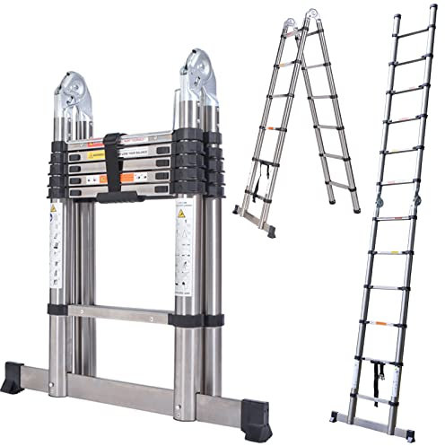 Extension Telescoping Ladder 2.5ft/3.8m A-Frame Heavy Duty Stainless Steel Folding Step Ladder with Stabilizer, 2-in-1 Collapsible Straight Ladder 330lb Max Load for Roof Work, Decorating, Painting