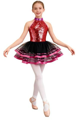 Mufeng Tutu klänning dansande klassisk flicka paljett klänning balettdansare trikådräkt gymnastik barn outfit skridskoåkning klänning dans modern jazz kostym show 3–16 år, rosa, 11-12 �r
