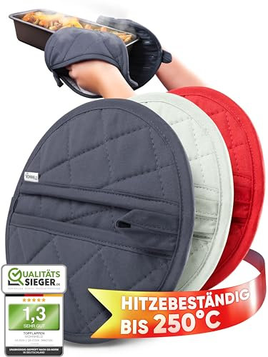 WOHNHELD® Topflappen Set | Extrem hitzebeständig bis 250 °C | Hochwertige & weiche Baumwolle | Ofenhandschuhe Topfuntersetzer Grau