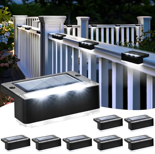 Solpex Lot de 8 lampes solaires d'extérieur blanches pour escalier, lampes solaires étanches, éclairage LED pour escaliers extérieurs, marches, clôture, jardin, cour, décoration (noir,blanc froid)