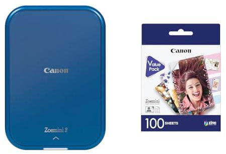 Canon Zoemini 2 Portable Photo printer (Navy Blue), Bundle with 100 sticky-backed photo paper sheets (2 x 3) - Economical Zero-ink printing Technology, Wireless Bluetooth App connection for iOS & Android (smartphone)