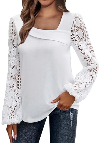 Haut Femme Chic Et Elegant Manches Longues Dentelle Vetement Chic Tunique Haut Femme Grande Taille Été Tunique Grande Taille Blouse Hauts Vêtements Blanc XXL HY621