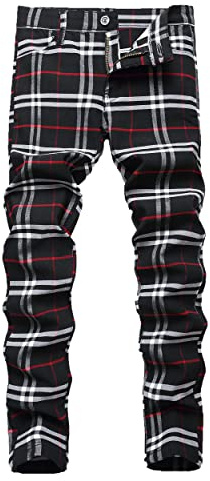 NOVOCCT Plaid Pants for Men - Skinny Mens Dress Pants - Stretch Slim Fit Business Casual Dress Chinos for Men (Black White Plaid - T7, 46)