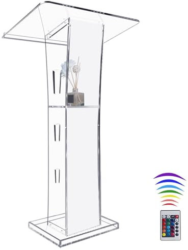 Afitdon Acryl Podium, Transparenter Acryl Rednerpult mit Speicher Regal, Kirche Kanzel mit 15 Farbe LED-Licht, Stabilität Podium Ständer for Kirche, Vortrag, Hochzeit, Klassenzimmer(23.6x16x 45.2)