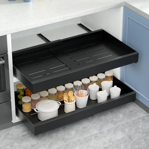 Alishomtll Cajón telescópico, cajón extraíble para cocina, armario de cocina, ancho ajustable, organizador de armario de metal, extensible, sin agujeros, para cocina, baño, salón, 43-68 x 42 x 7 cm