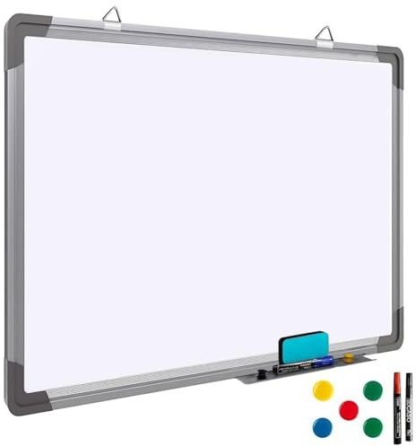 60 x 40cm Magnetic Whiteboard with Pen Tray & Silver Aluminium Frame | Lightweight, Hanging Dry Wipe Board with Pen Tray, Notice Board for Office, School, Home