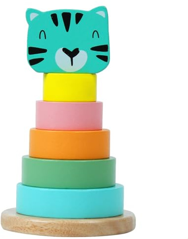 Little Frog Toys Wooden Cat Stacking Toy Puzzles for 1 Year Olds, Toddler Tower Sensory Toy, 7-Piece Set Bright Stacking Rings, Montessori Wooden Baby Toys for Ages 1+ Boys & Girls
