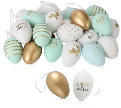 Festicy Ostereier 24 Stück I die Ostern Deko 2025 I (Weiß, Grün, Gold) 8 Designs I Hasen, Happy Easter Schriftzug I Ostereier zum Aufhängen draußen I Plastik Ostereier Outdoor