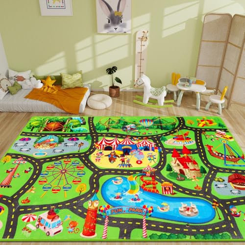 AKUNRUG Barnmatta, lekmatta för leksaksbilar, 150 × 100 cm, radiopark-bilmatta för lekrum, barngatumatta, trafikgata, barnmatta för småbarn, pojkrum